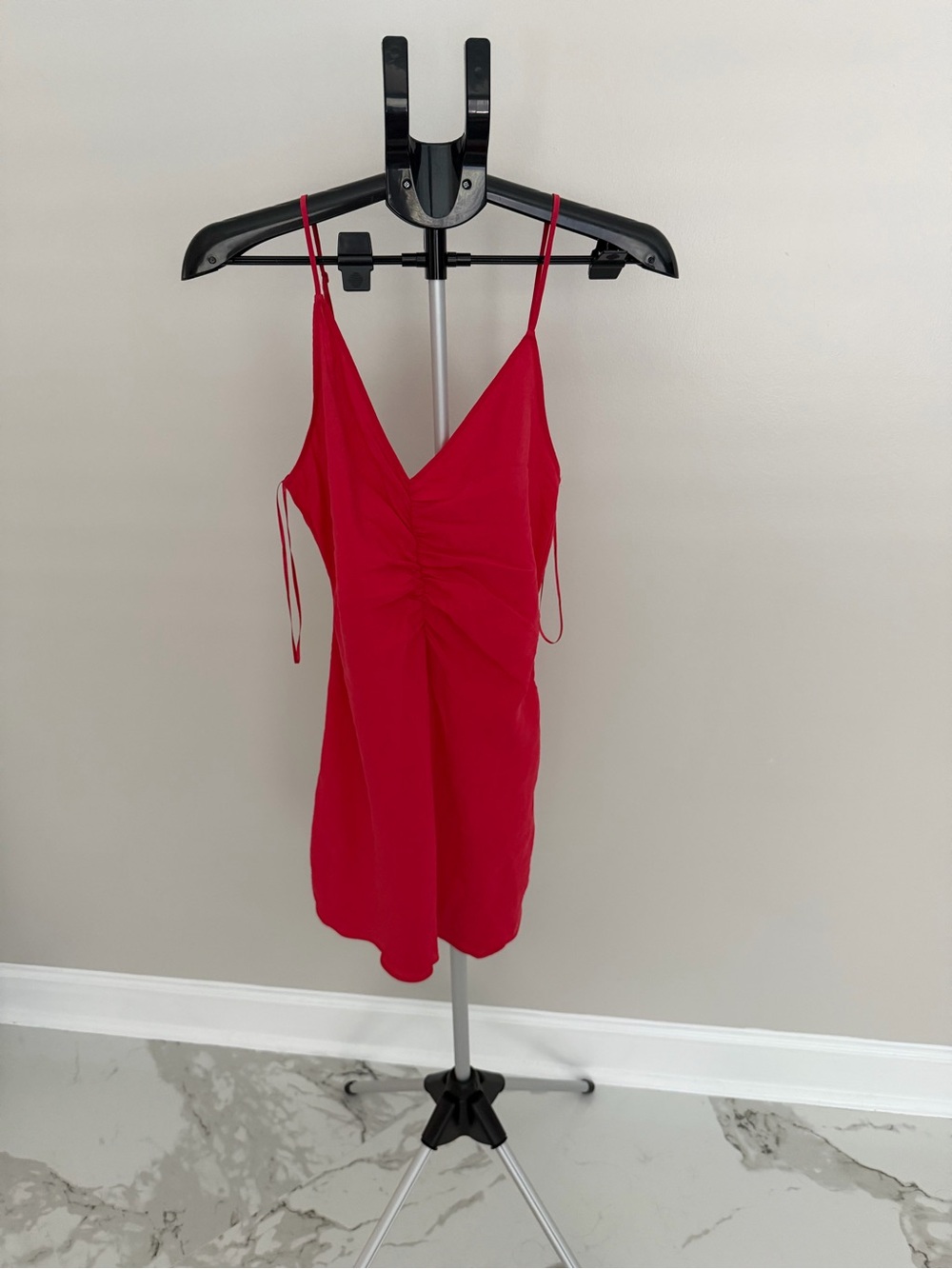 Zara Red Ruched V-Neck Mini Slip Dress
